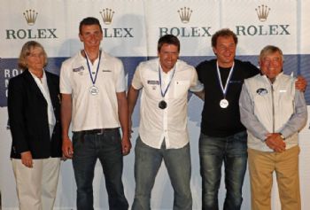 Rolex Miami OCR Finn prizegiving: (l to r) Giles Scott (GBR), Edward Wright (GBR) and Gasper Vincec (SLO)